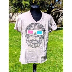 Ames Bros Retro Monkey w/3D Movie Glasses V-Neck Beige Large Cotton Shirt GUC